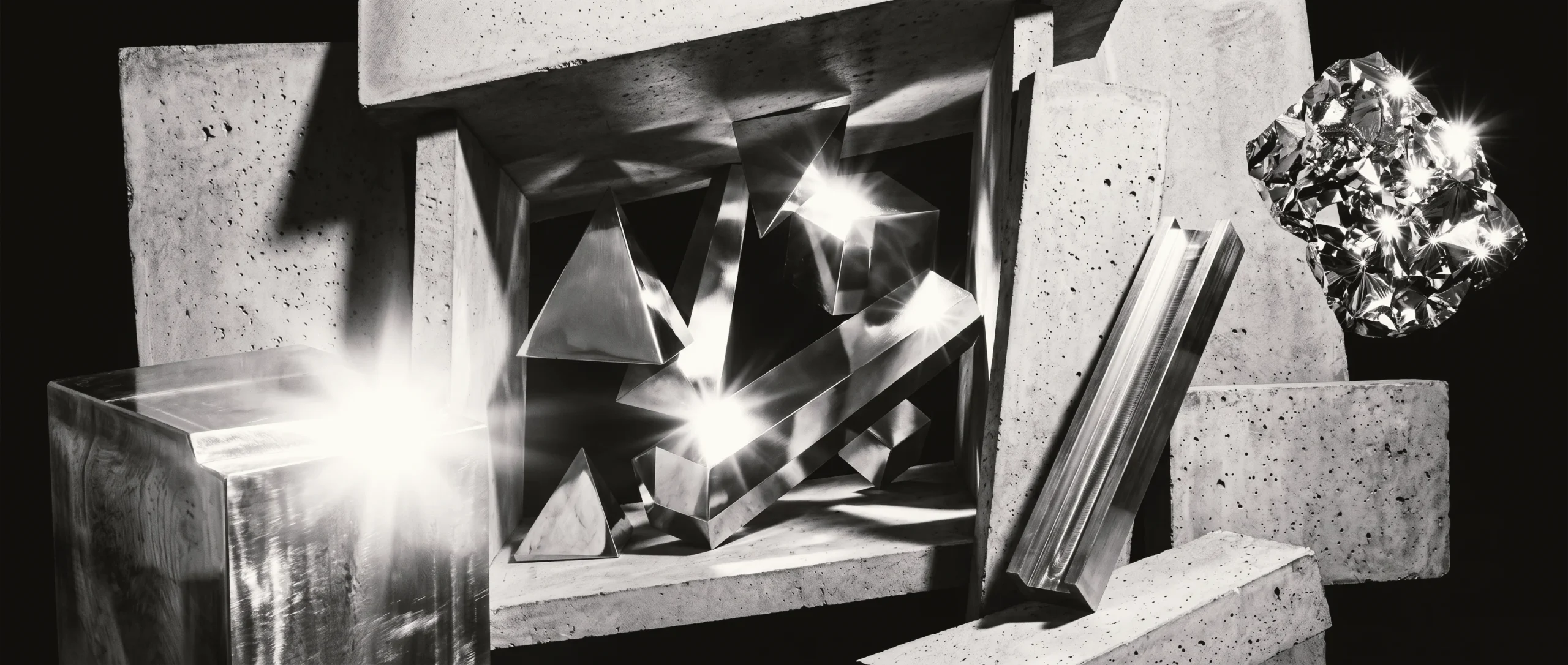 Abstract brutalist art composition featuring geometric chrome metallic shapes, brutalist concrete blocks, and reflective crystal foil against a dark background, highlighting premium structural design aesthetics AI Integration - AI Design Workflow - Generative AI Strategy - AI-Powered Brand Assets - AI Production