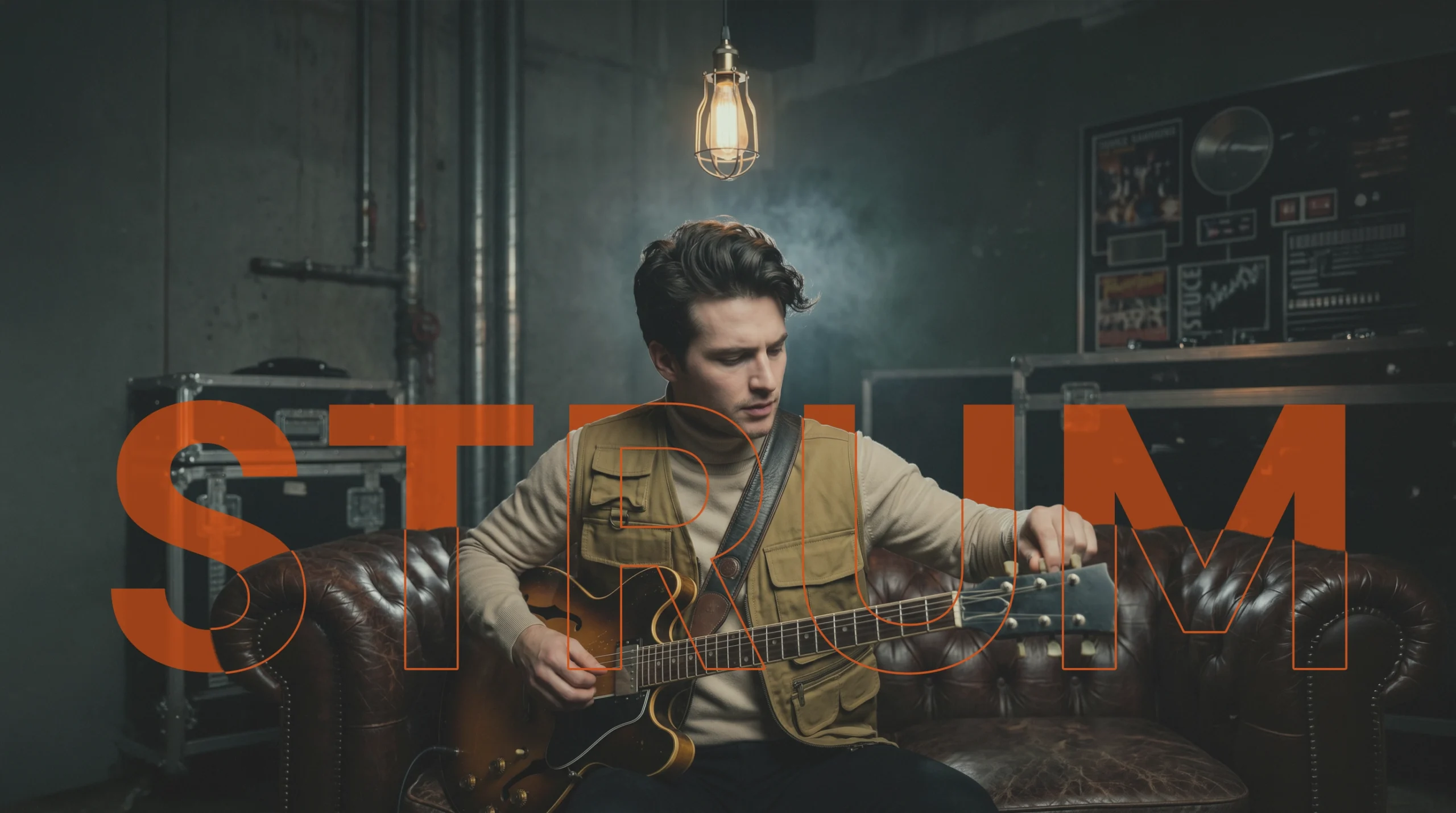 A cinematic scene showing a professional guitarist, part of the creative brand identity work by Fathi Ghabbash.