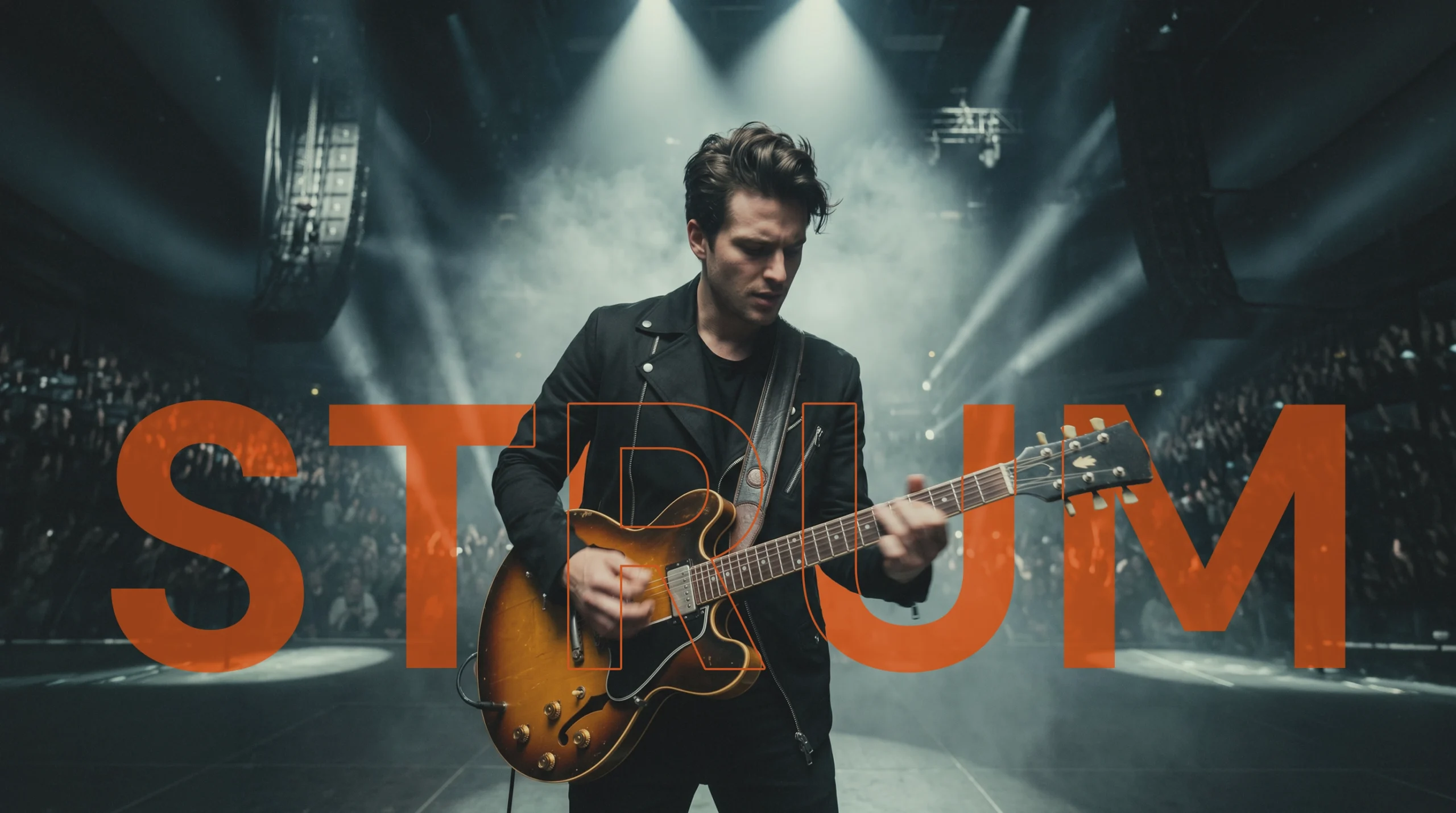 A cinematic scene showing a professional guitarist, part of the creative brand identity work by Fathi Ghabbash.