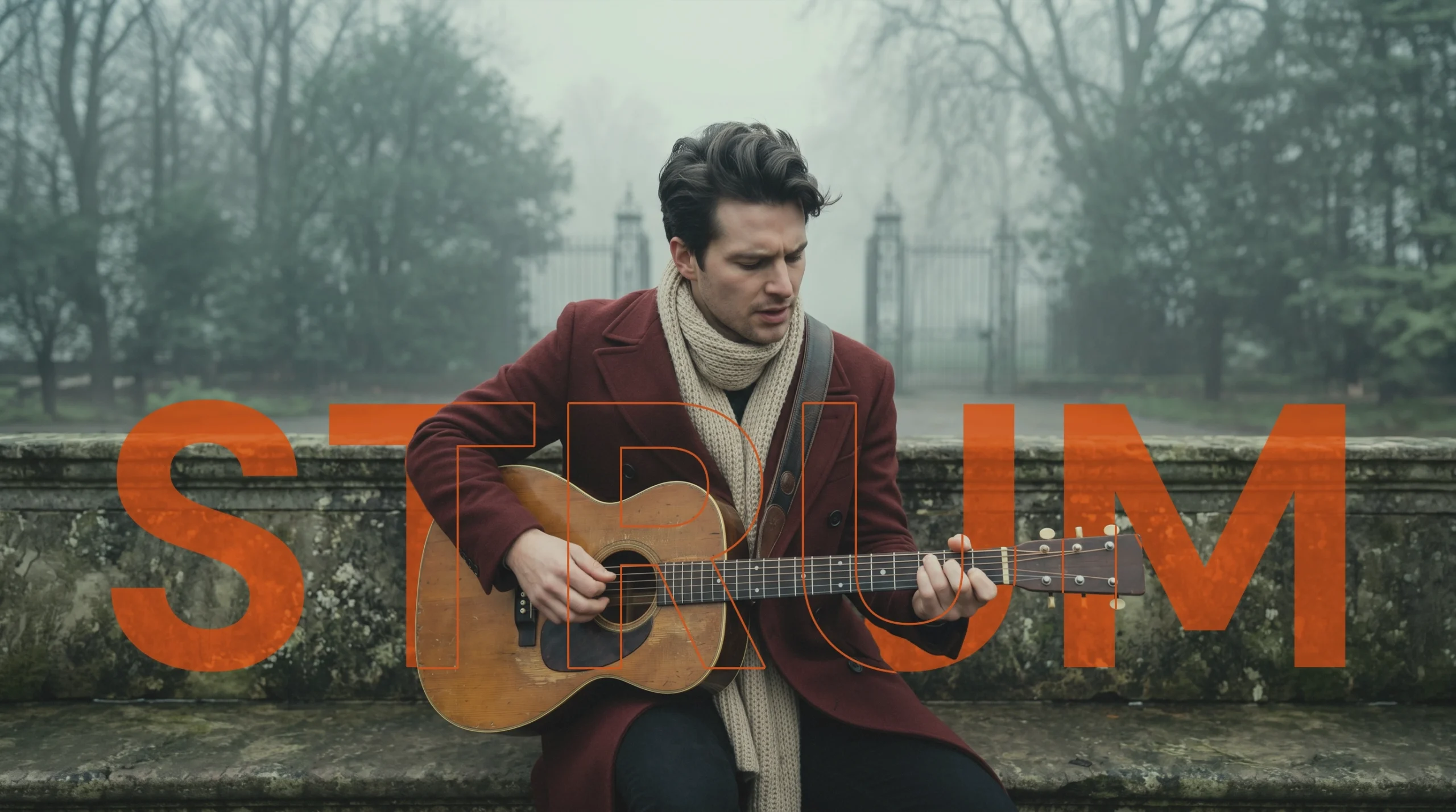A cinematic scene of a guitarist, illustrating the integration of art and professional brand identity design by Fathi Ghabbash.