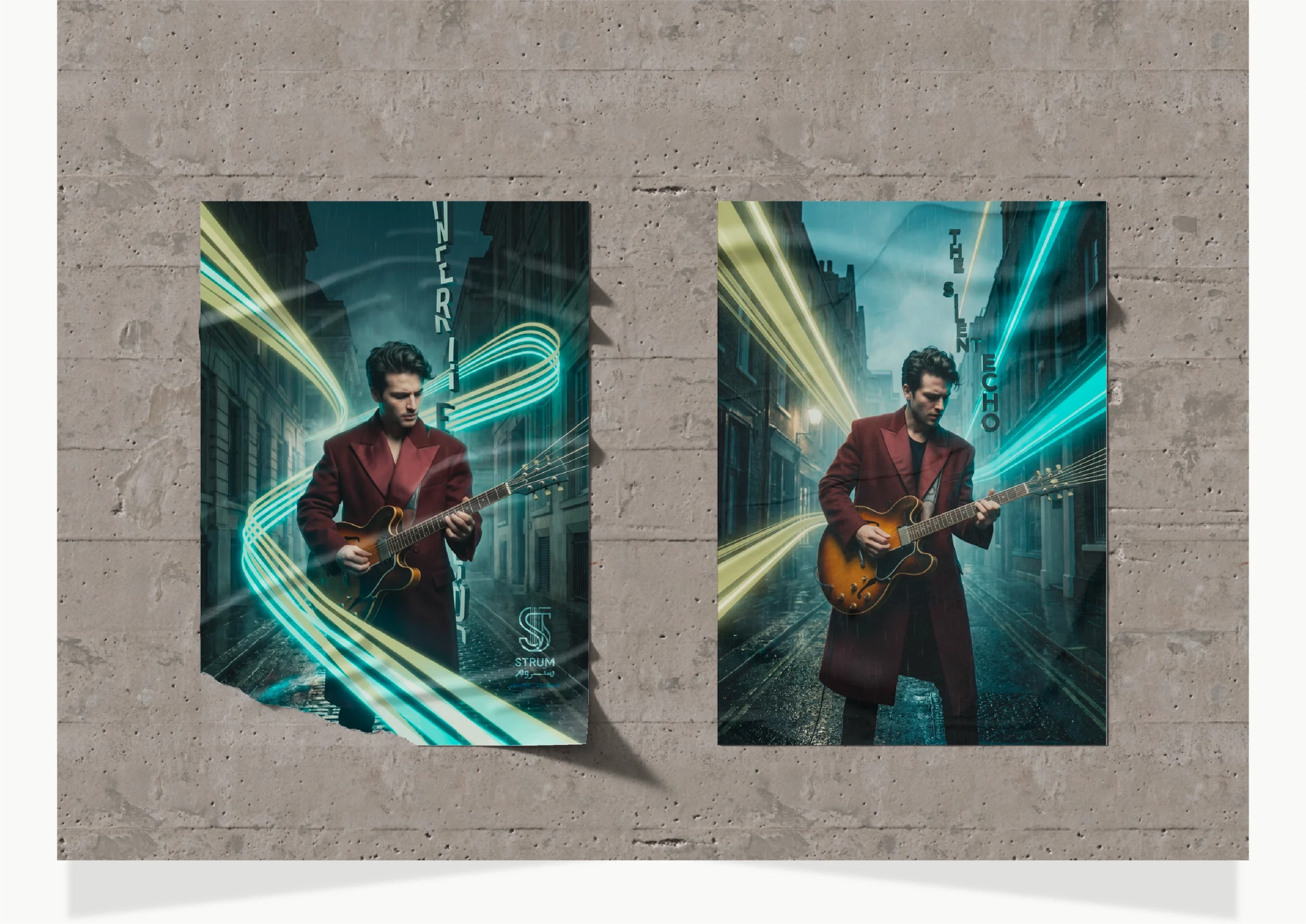 Cinematic wall poster mockup featuring musical and lifestyle branding by Fathi Ghabbash.
